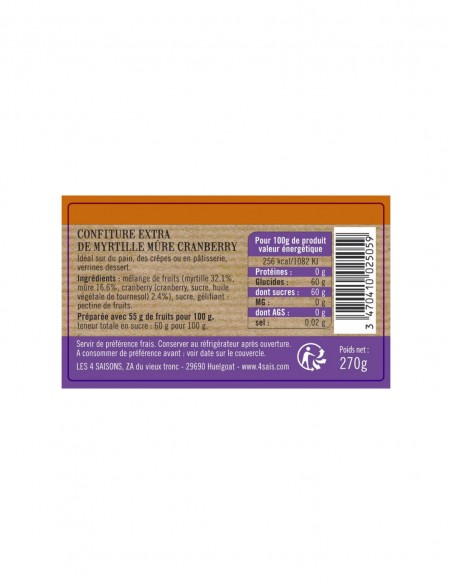 Confiture myrtille mûre et cranberry 270g