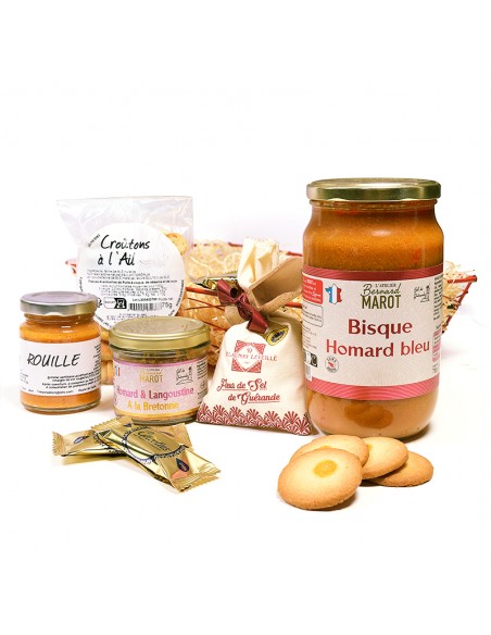panier gourmand retour de pêche : homard, fleur de sel de guérande, crouton à l'ail, rouille,soupe